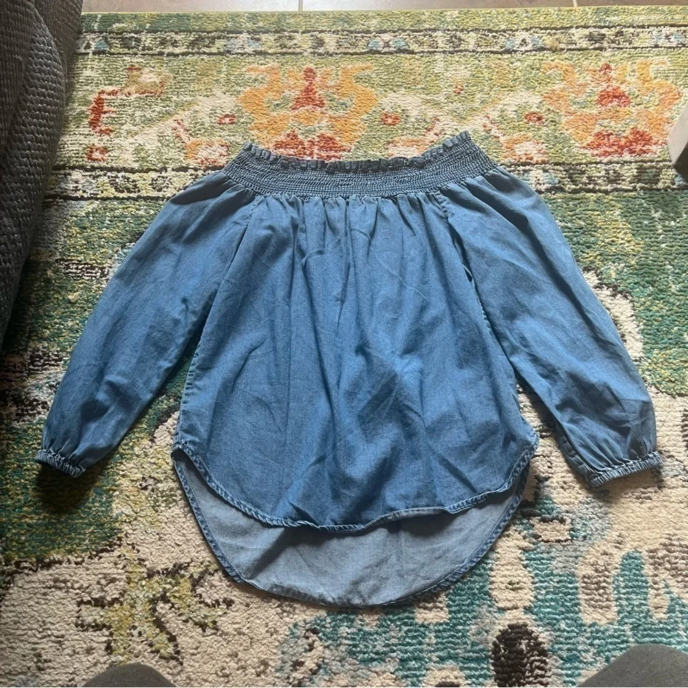 Michael Kors Blue Off Shoulder Smocked Peasant Blouse High Low Hem XS